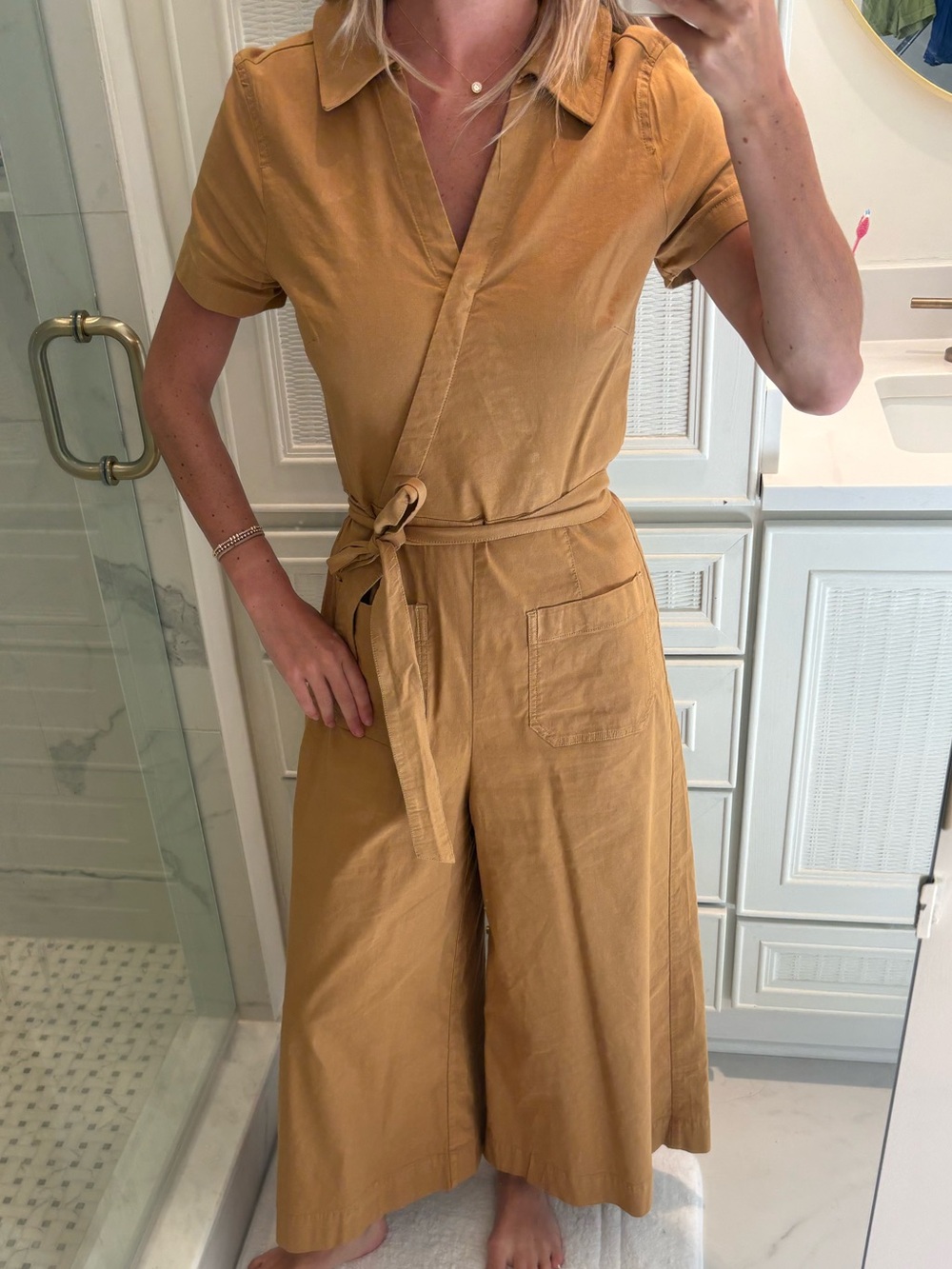 Anthropologie Mustard Short-Sleeve Wide-Leg Tie-Waist Jumpsuit